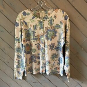 Sioni Womens Floral Print Button Front Cardigan Sweater Cream Blue Green Size L